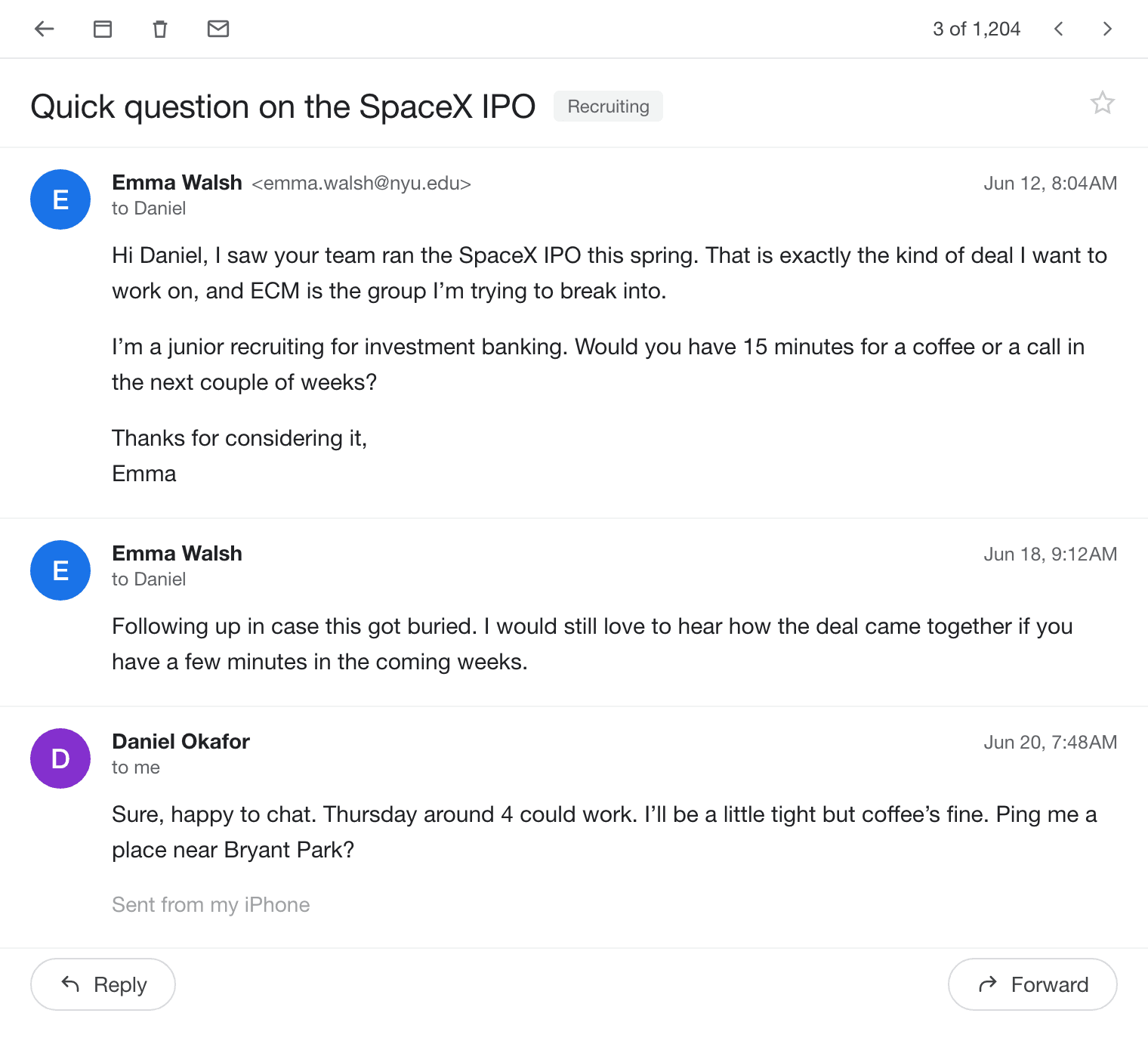 Gmail thread: Emma emails Daniel about the SpaceX IPO, CoffeePing's automatic follow-up six days later, then Daniel replies 'happy to chat, Thursday around 4 could work.'